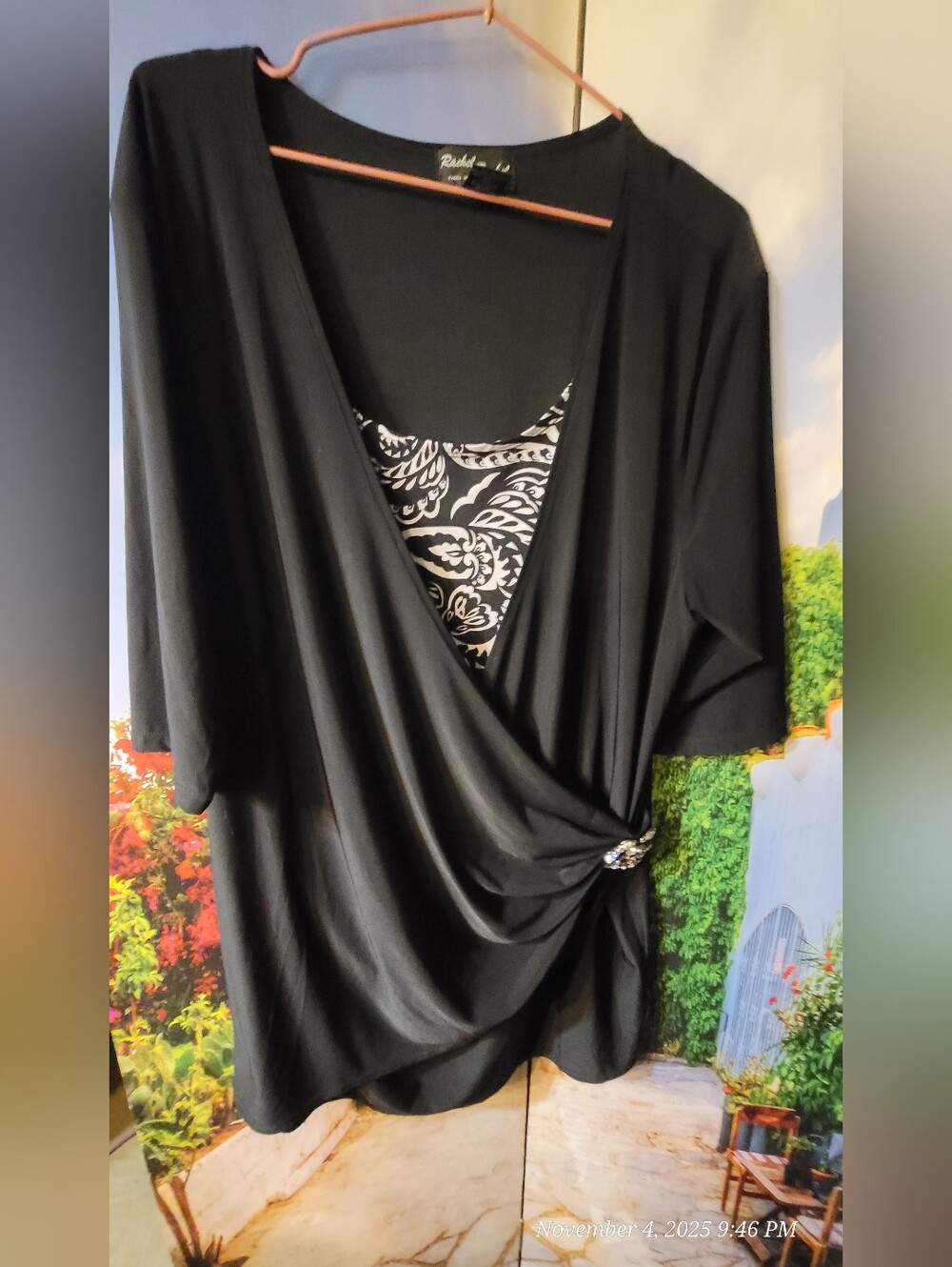 Rachael Rachel Black Wrap Women’s Top with Blingy Rose Brooch